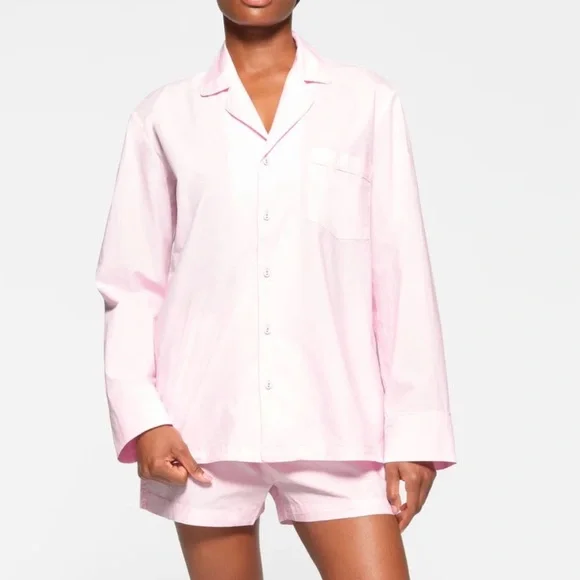 SKIMS Cotton Poplin Button Up Shirt Collared Baby Pink Oversized Sleep Size M - Picture 9 of 10